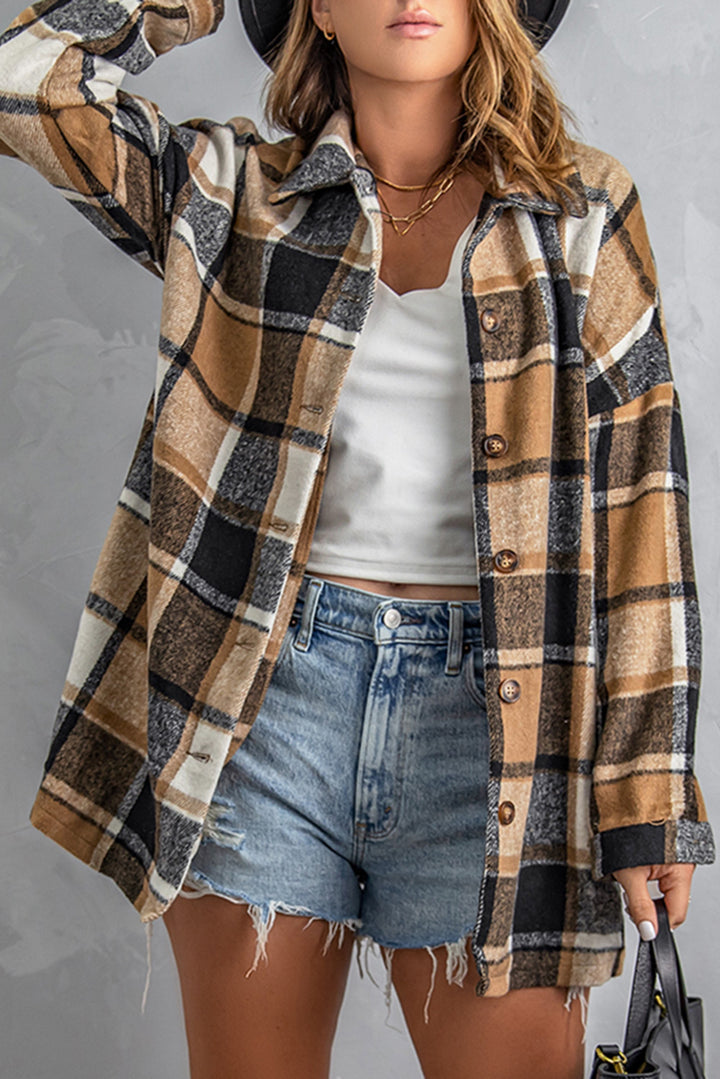 Women's Casual Loose Lapel Collar Long Sleeves Button Down Plaid Shirts Shacket