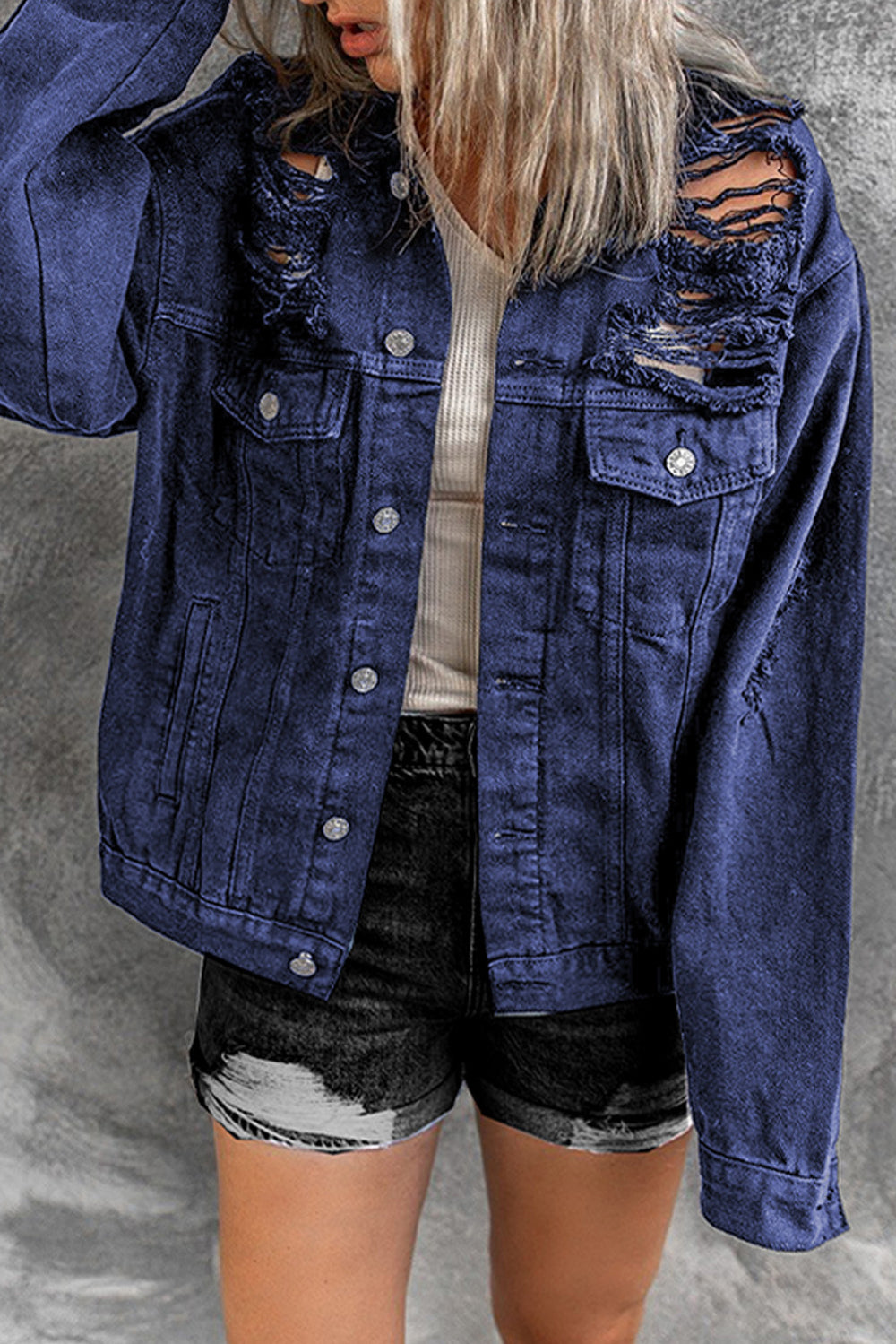 Casual Blue Distressed Buttons Chest Pockets Denim Jacket
