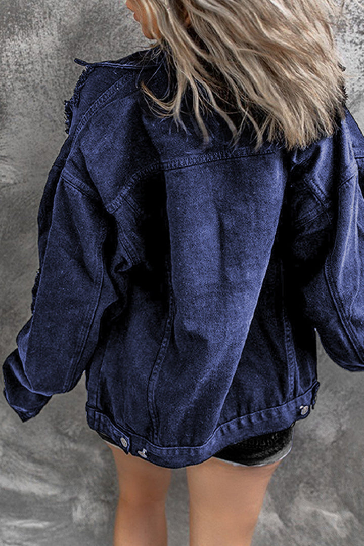 Casual Blue Distressed Buttons Chest Pockets Denim Jacket