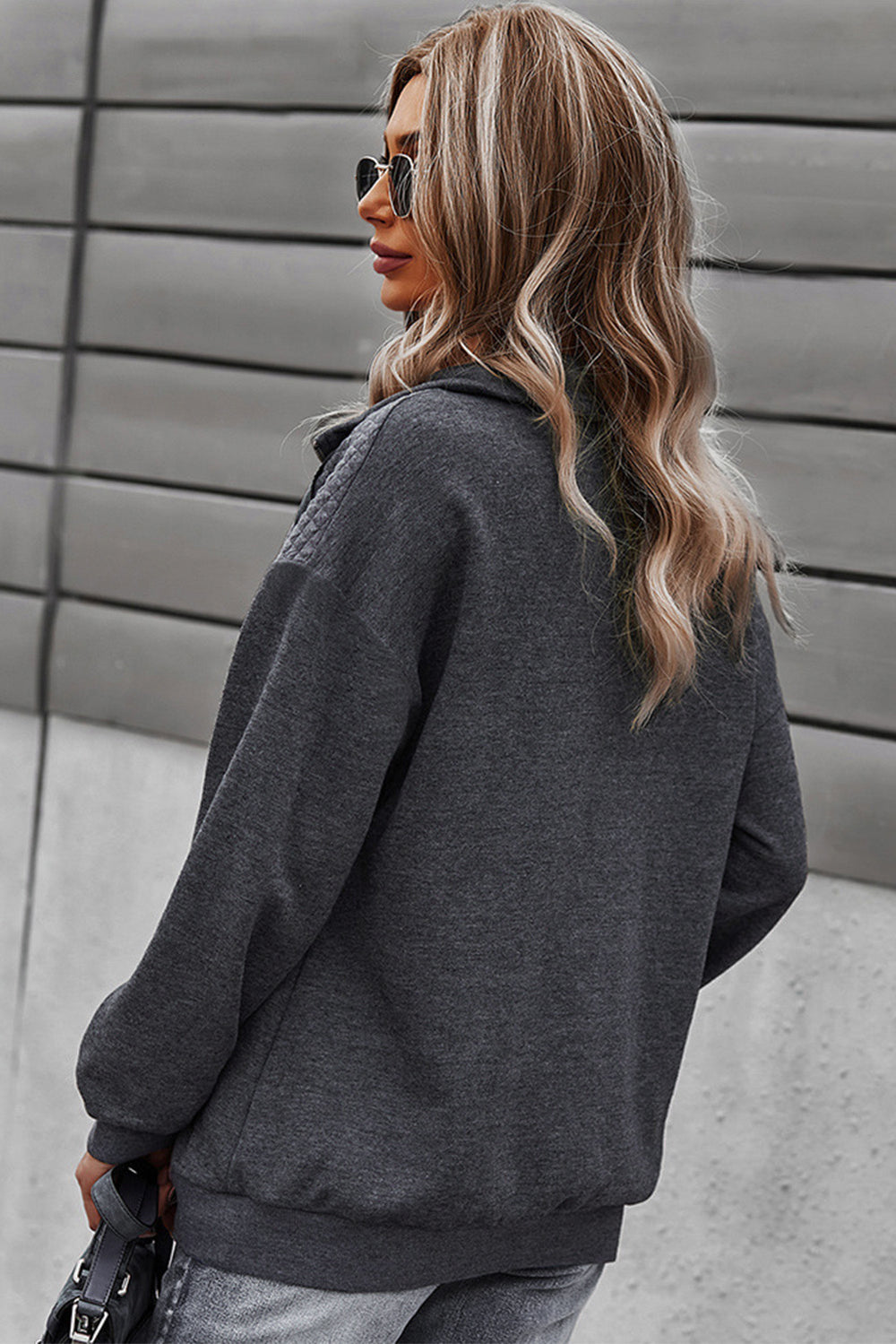 Women's Dark Gray Quilted Patch Half Zipper Sweatshirt