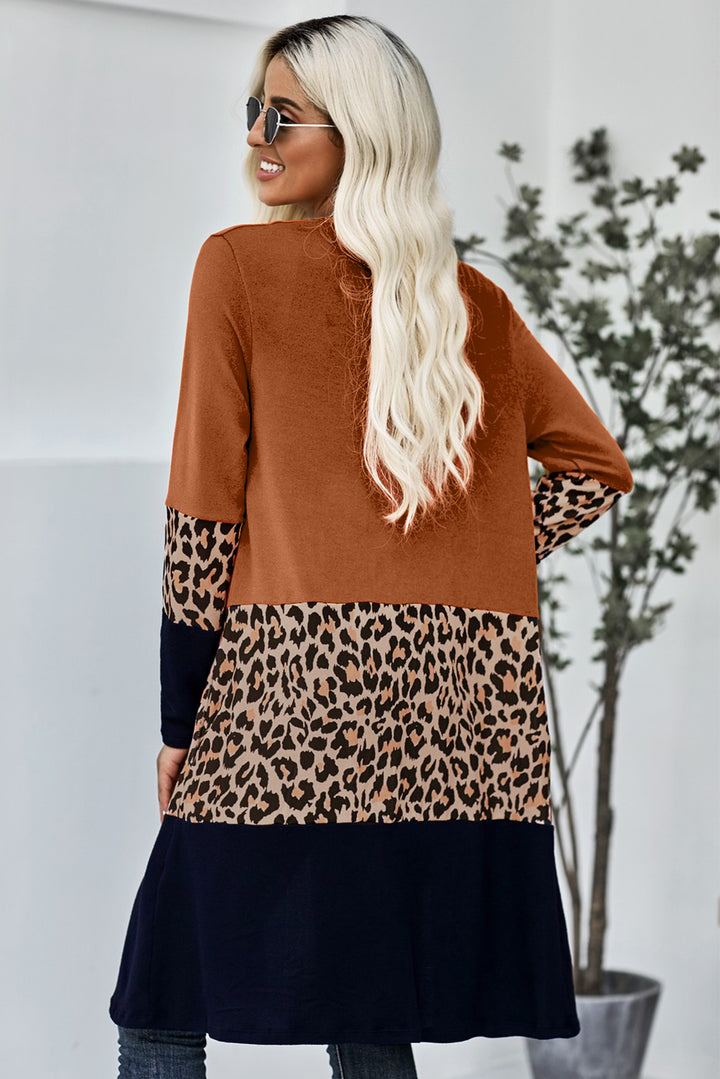 Casual Orange Leopard Splicing Colorblock Cardigan
