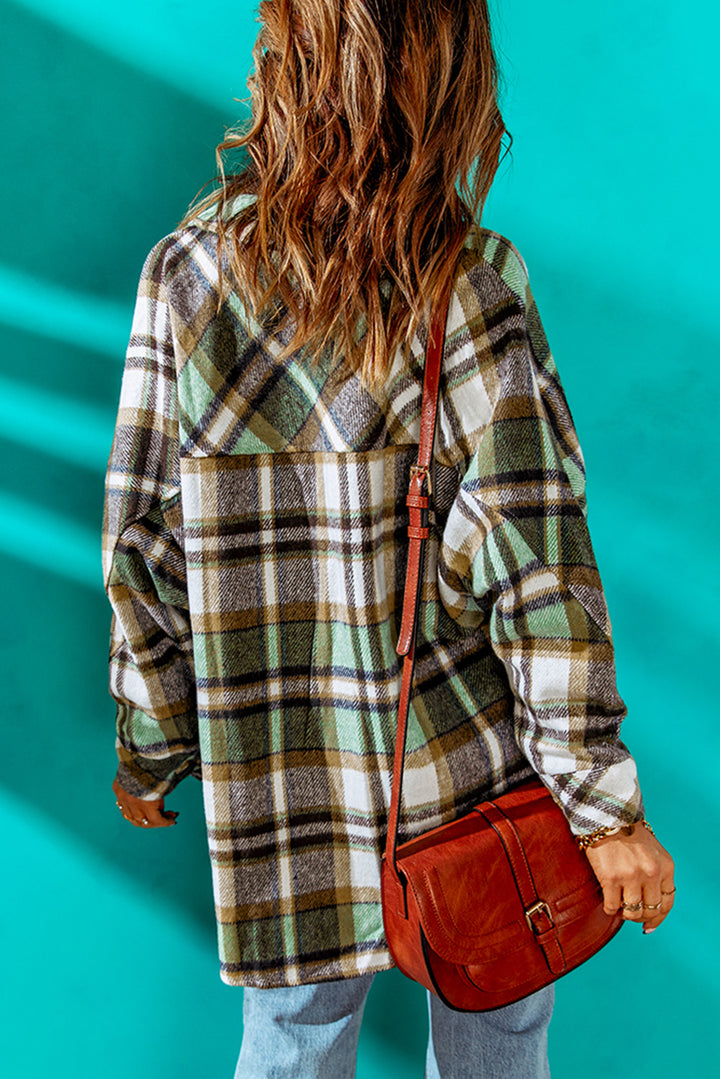 Women Casual Green Plaid Shacket with Pocket
