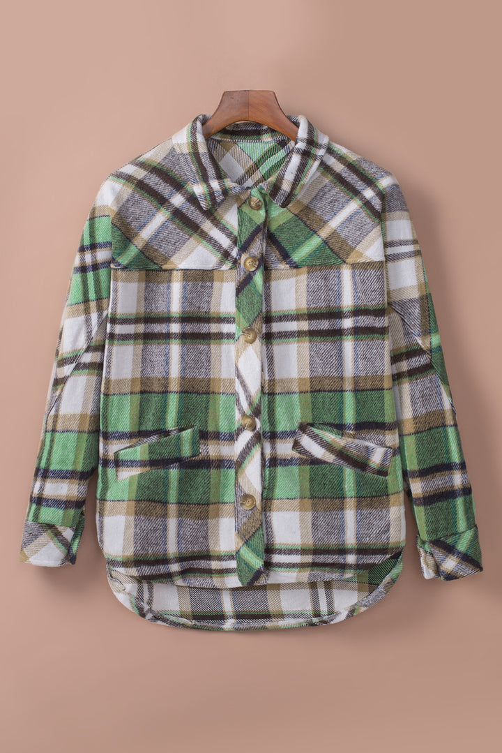 Women Casual Green Plaid Shacket with Pocket