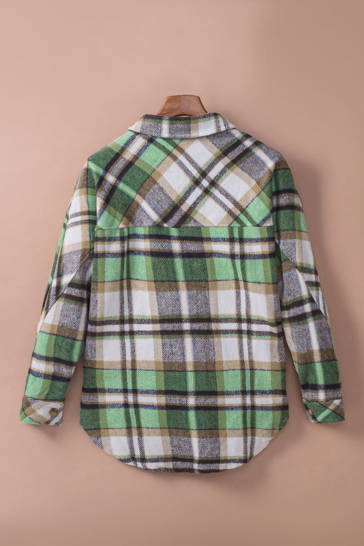Women Casual Green Plaid Shacket with Pocket