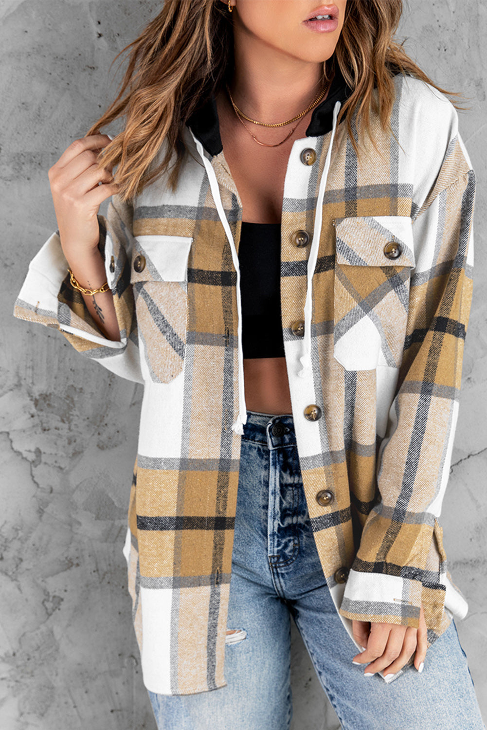 Khkai Plaid Button-up Pocket Hooded Shirt Jacket