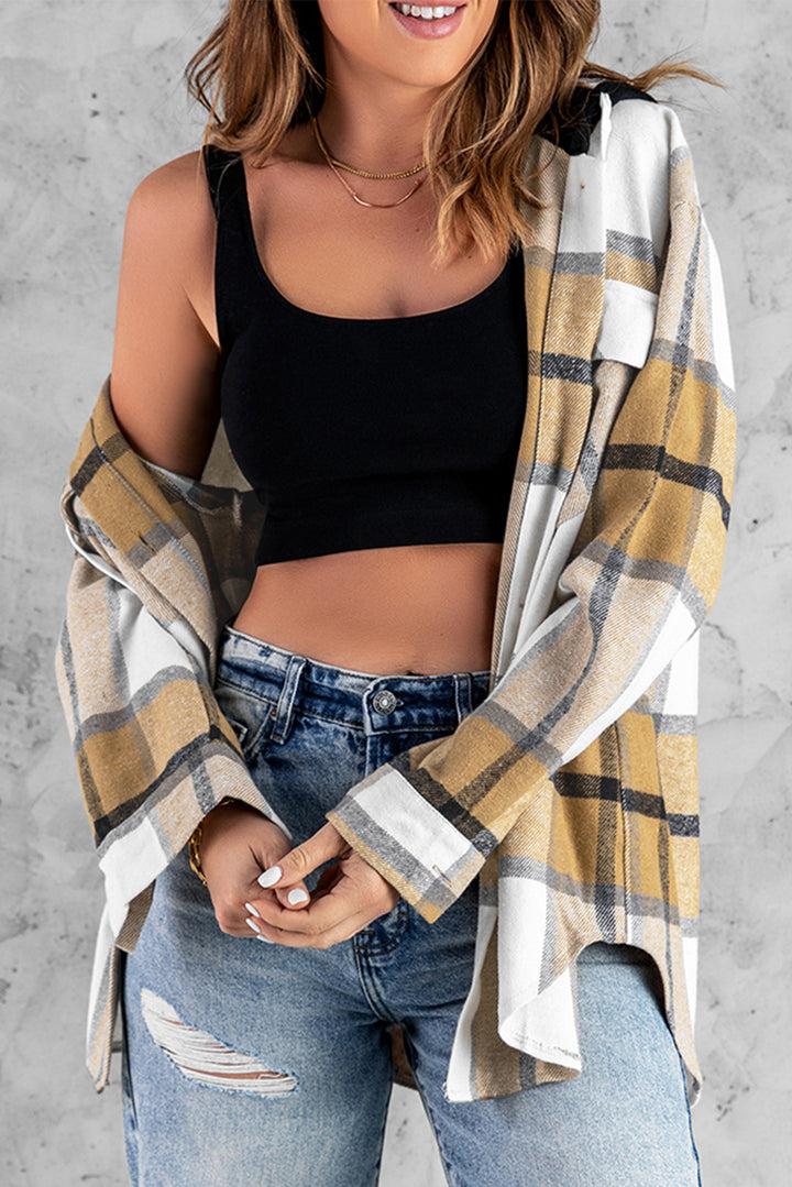 Khkai Plaid Button-up Pocket Hooded Shirt Jacket