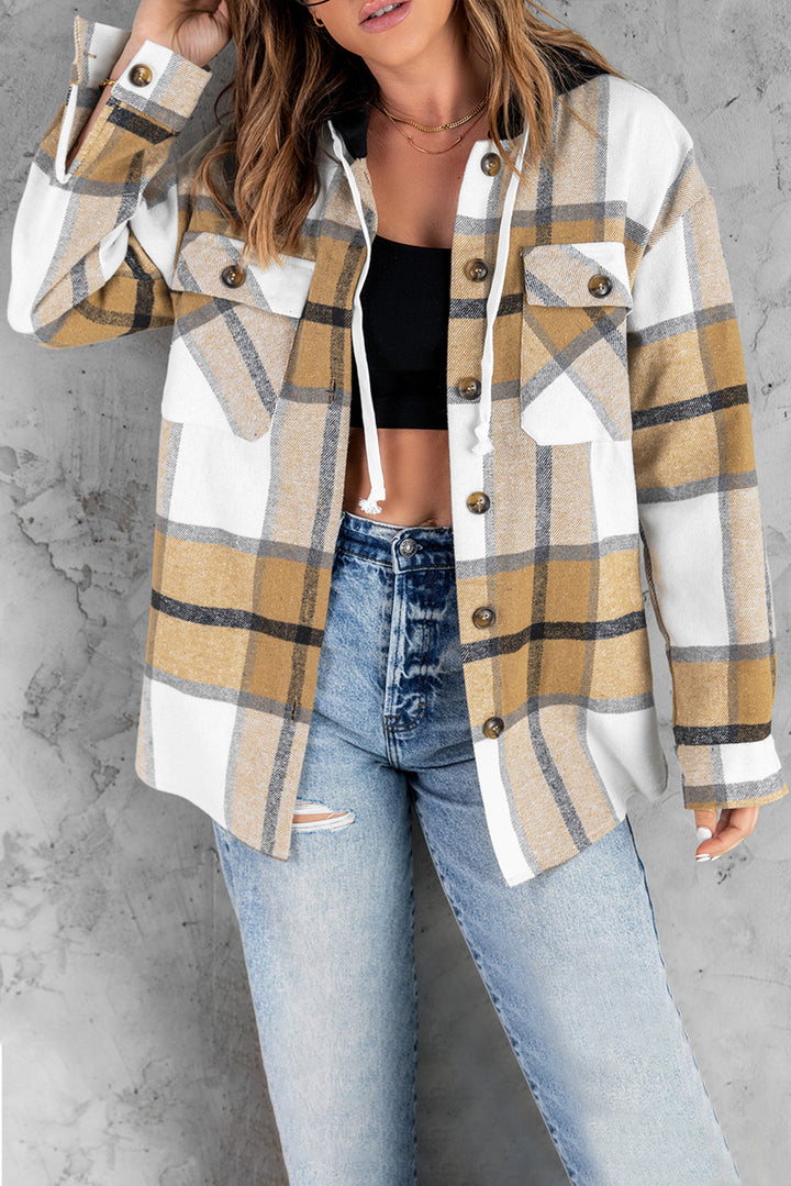 Khkai Plaid Button-up Pocket Hooded Shirt Jacket