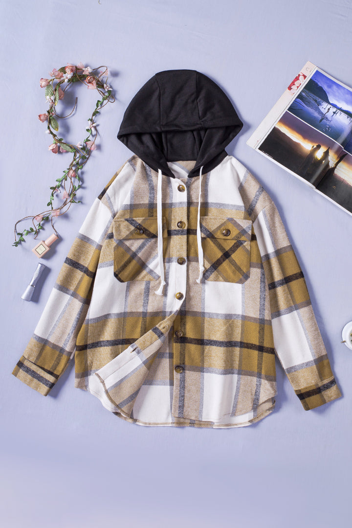 Khkai Plaid Button-up Pocket Hooded Shirt Jacket