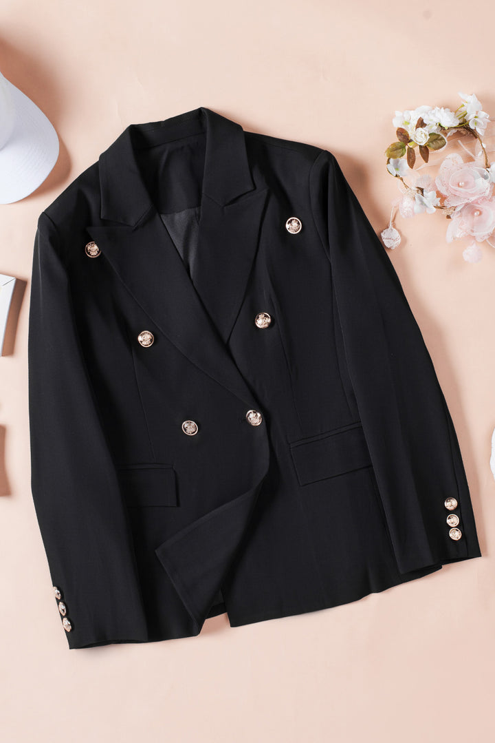 Black Double Breasted Lapel Long Sleeve Blazer
