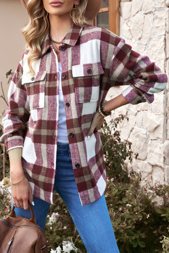 Women Red Plaid Print Pocket Buttoned Shacket