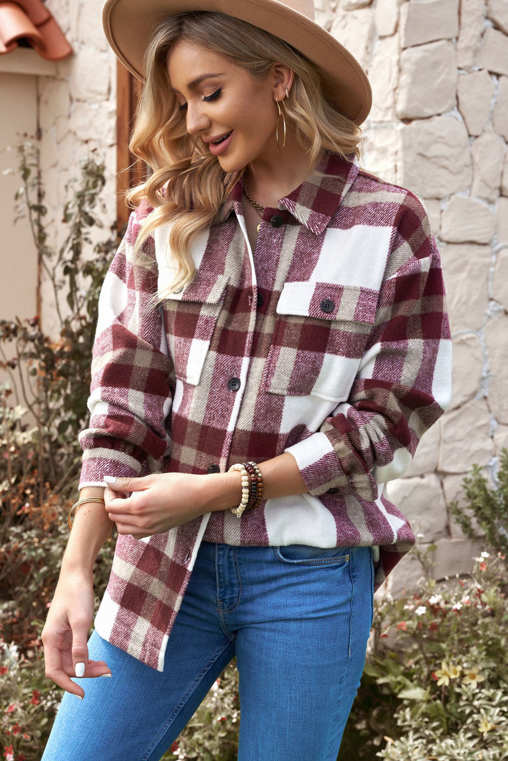 Women Red Plaid Print Pocket Buttoned Shacket