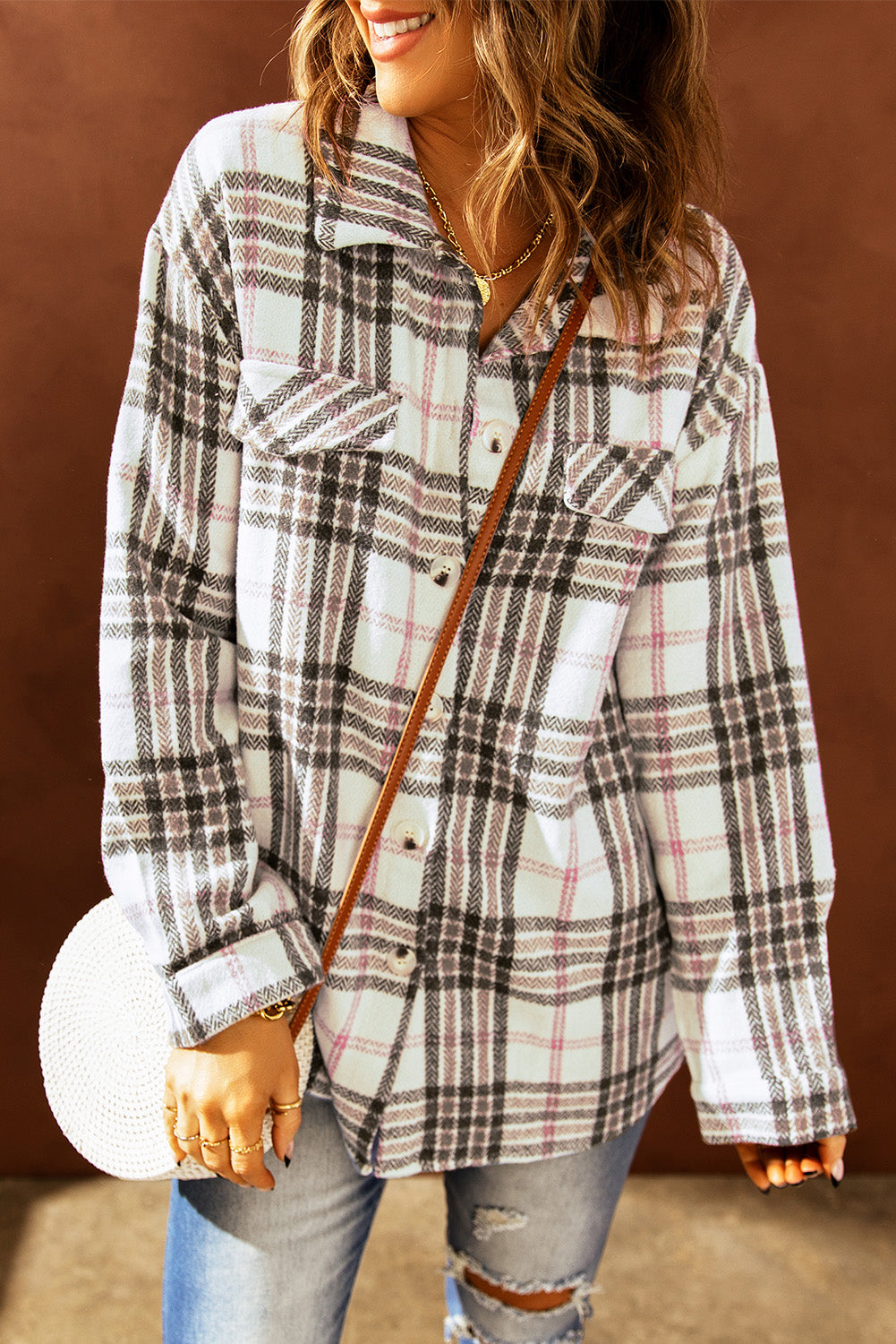 Womens Buttoned Turn Down Collar Plaid Shacket