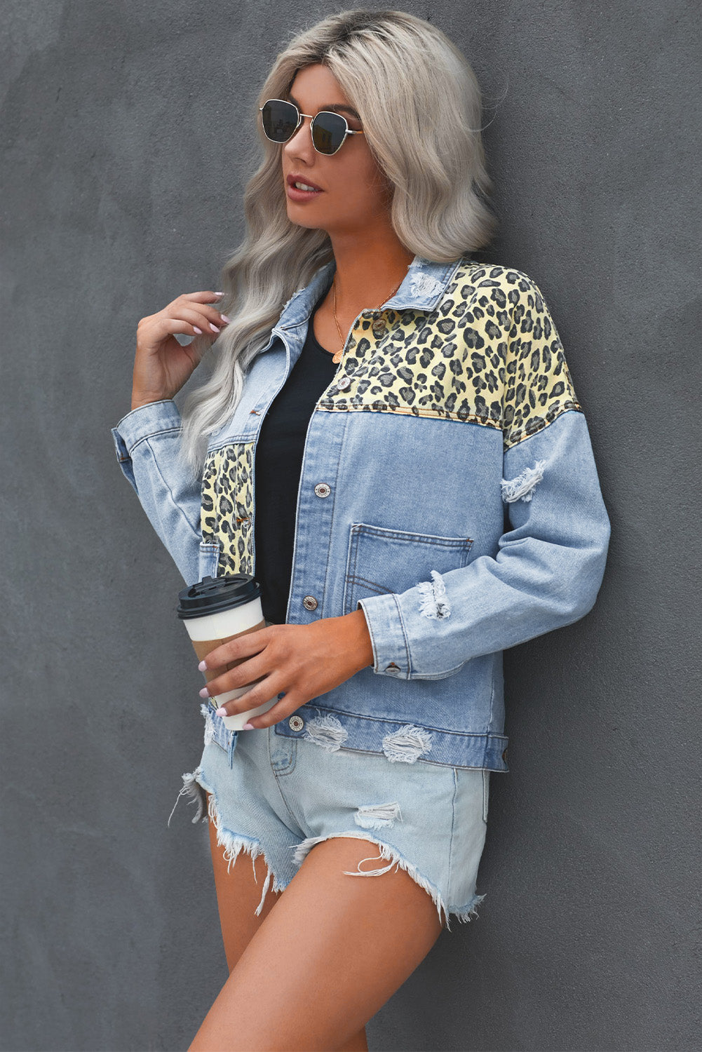 Fashion Sky Blue Leopard Splicing Cropped Denim Jacket with Pocket