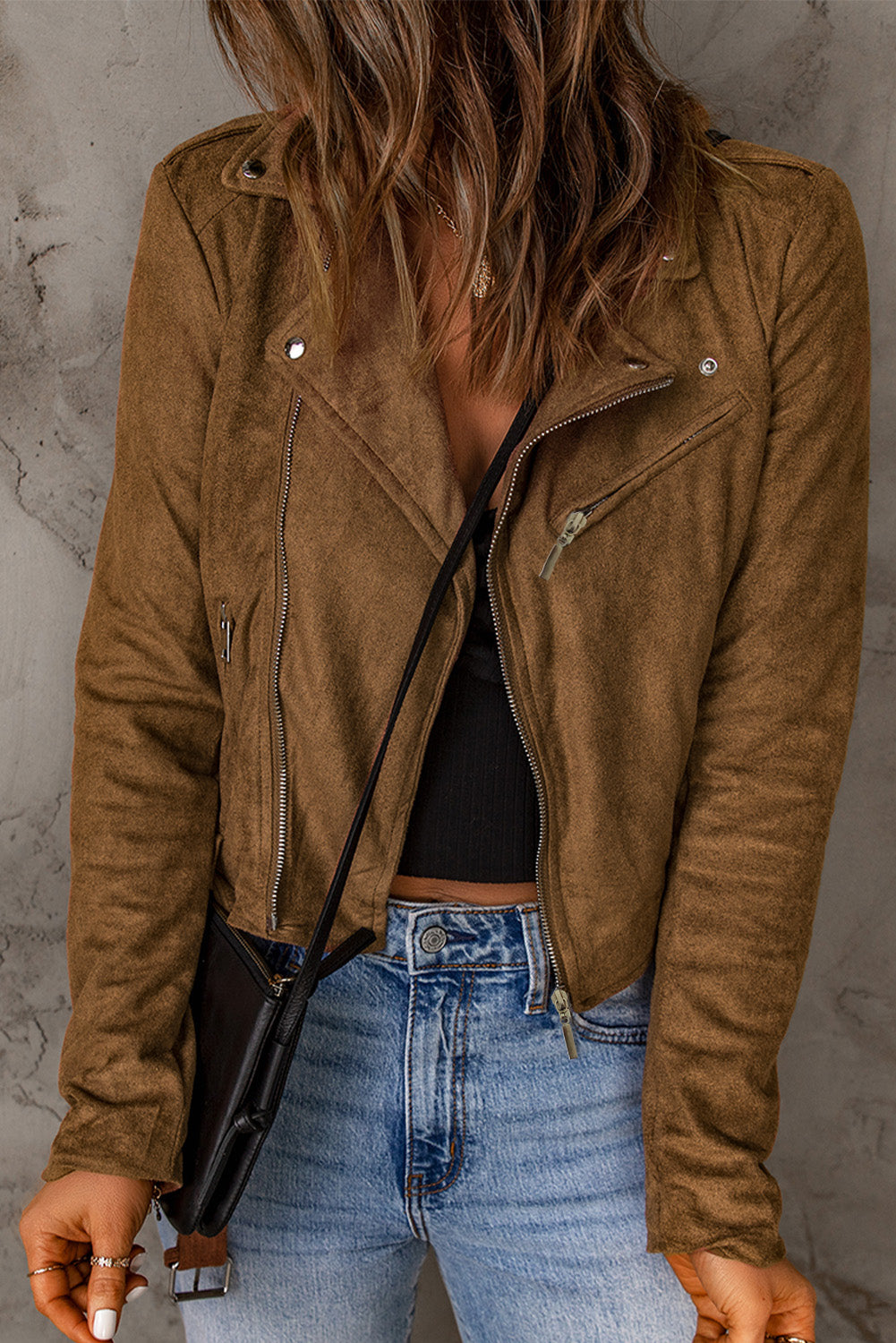 Womens Fashion Brown Vegan Suede Zip Detail Moto Jacket