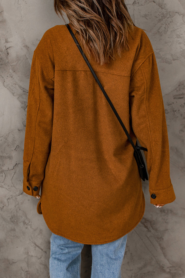 Winter Brown Long Sleeve Pockets Buttoned Shirt Jacket