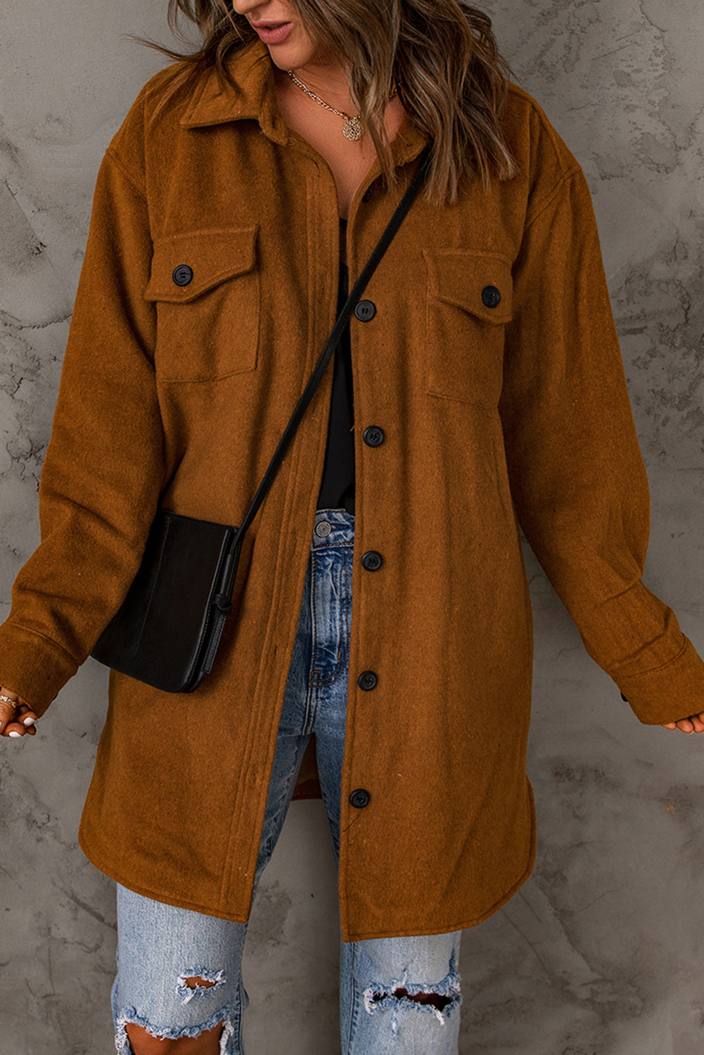 Winter Brown Long Sleeve Pockets Buttoned Shirt Jacket