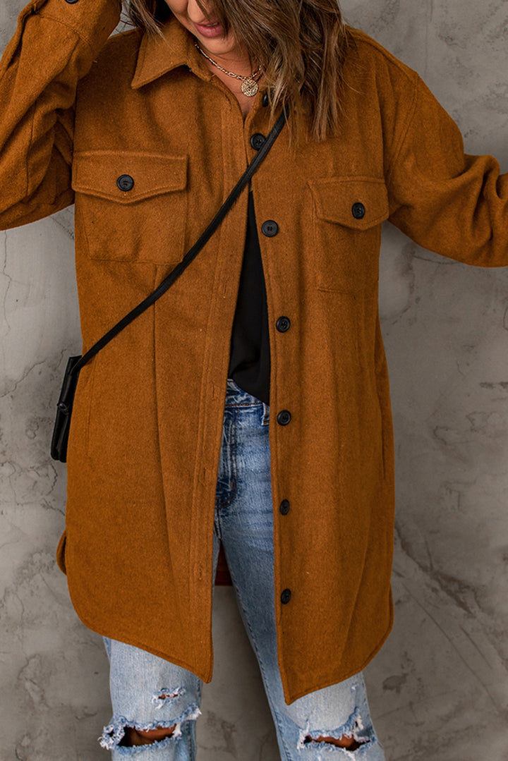 Winter Brown Long Sleeve Pockets Buttoned Shirt Jacket