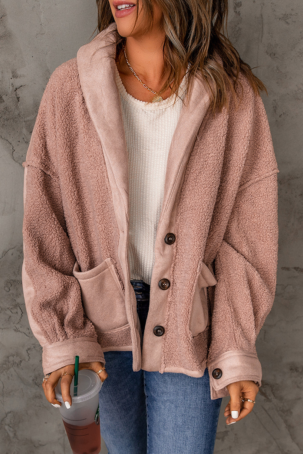Casual Pink Suede Sherpa Patchwork Buttoned Loose Jacket