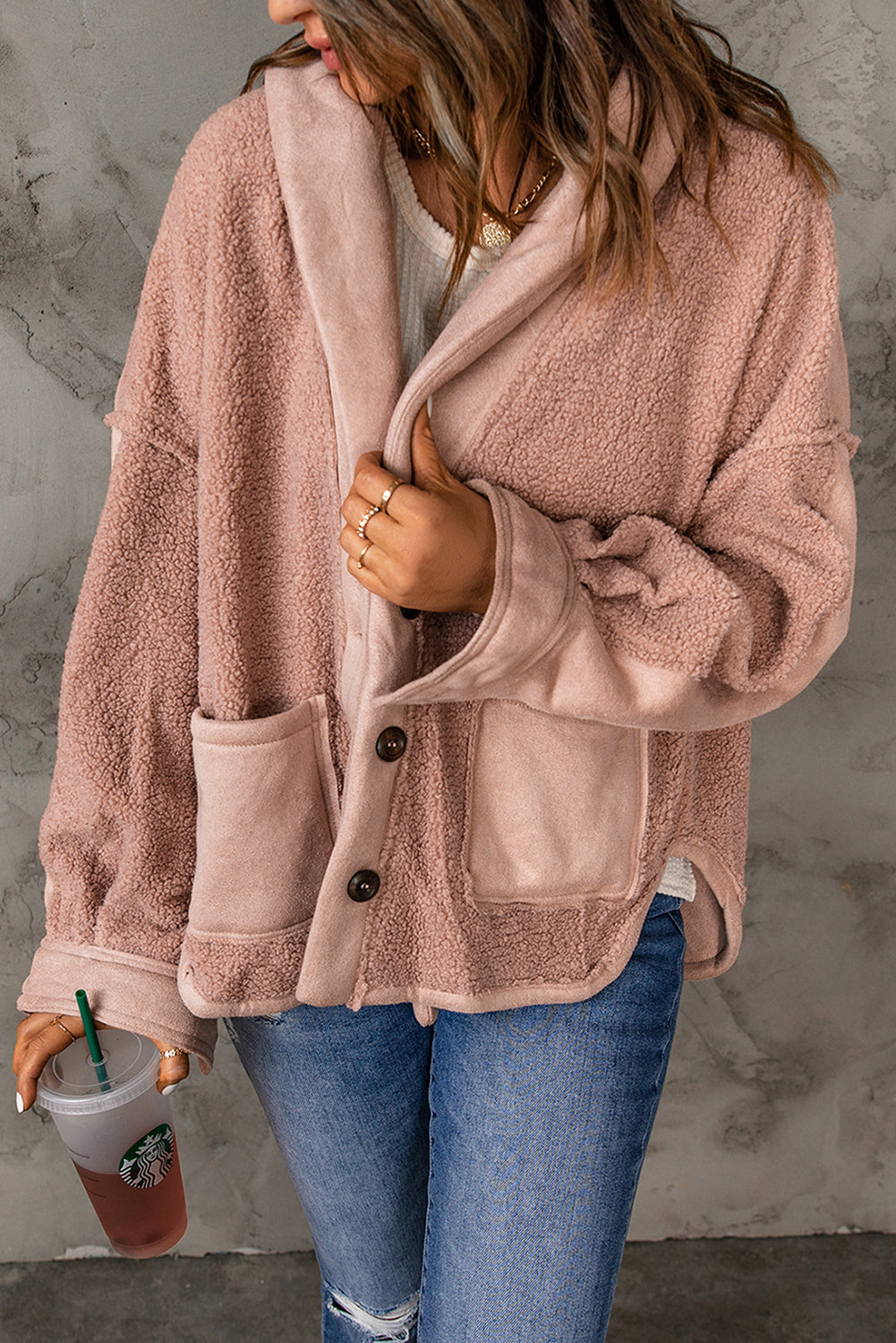 Casual Pink Suede Sherpa Patchwork Buttoned Loose Jacket