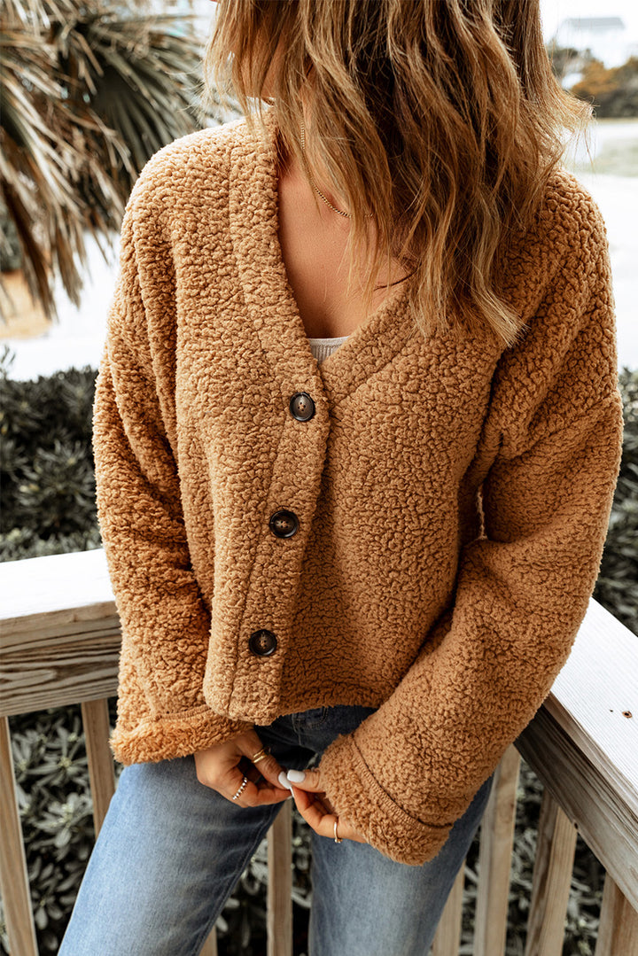 Cute Brown Casual V Neck Button Up Teddy Jacket