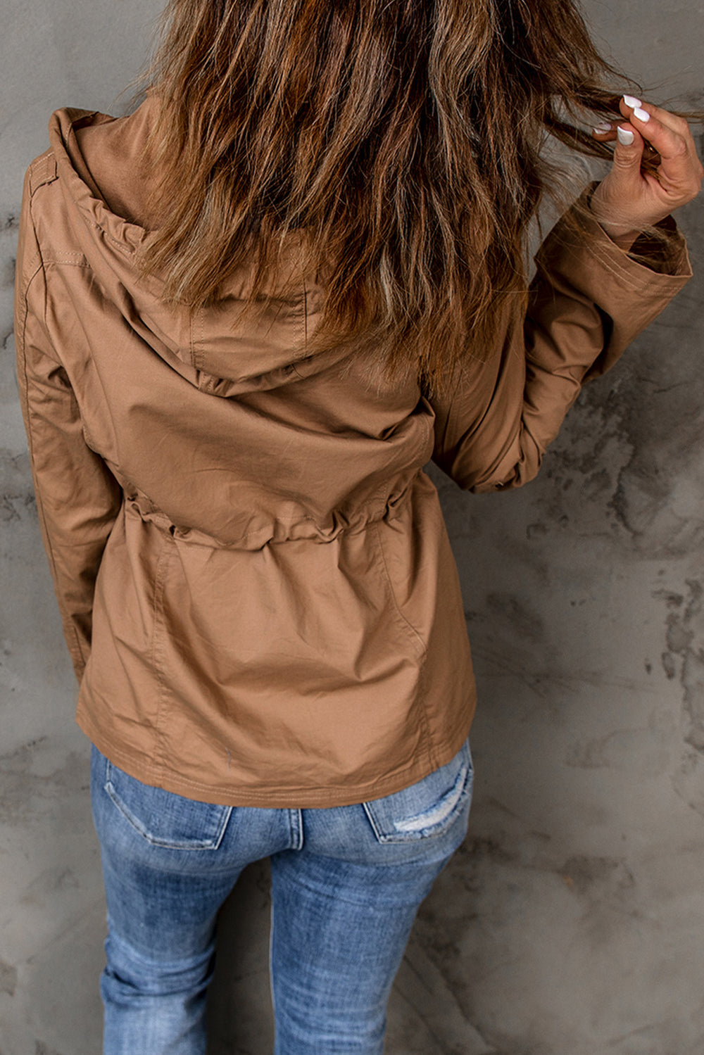 Khaki Drawstring Waist 4-pocket Style Hooded Jacket