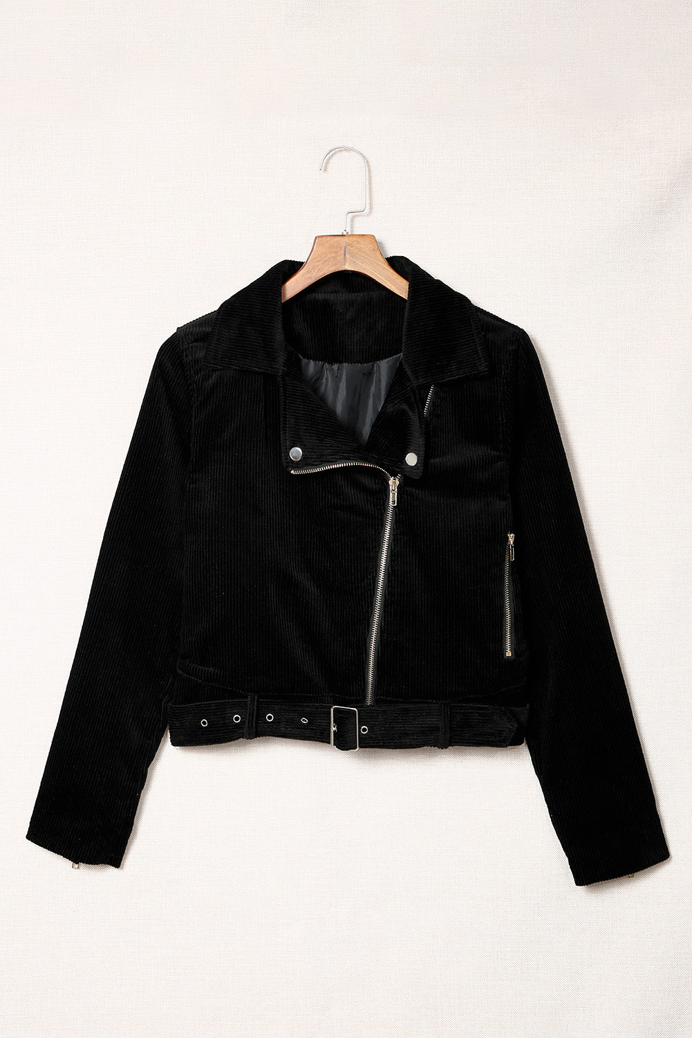 Fashion Women Black Buckle Belted Zip Up Corduroy Jacket