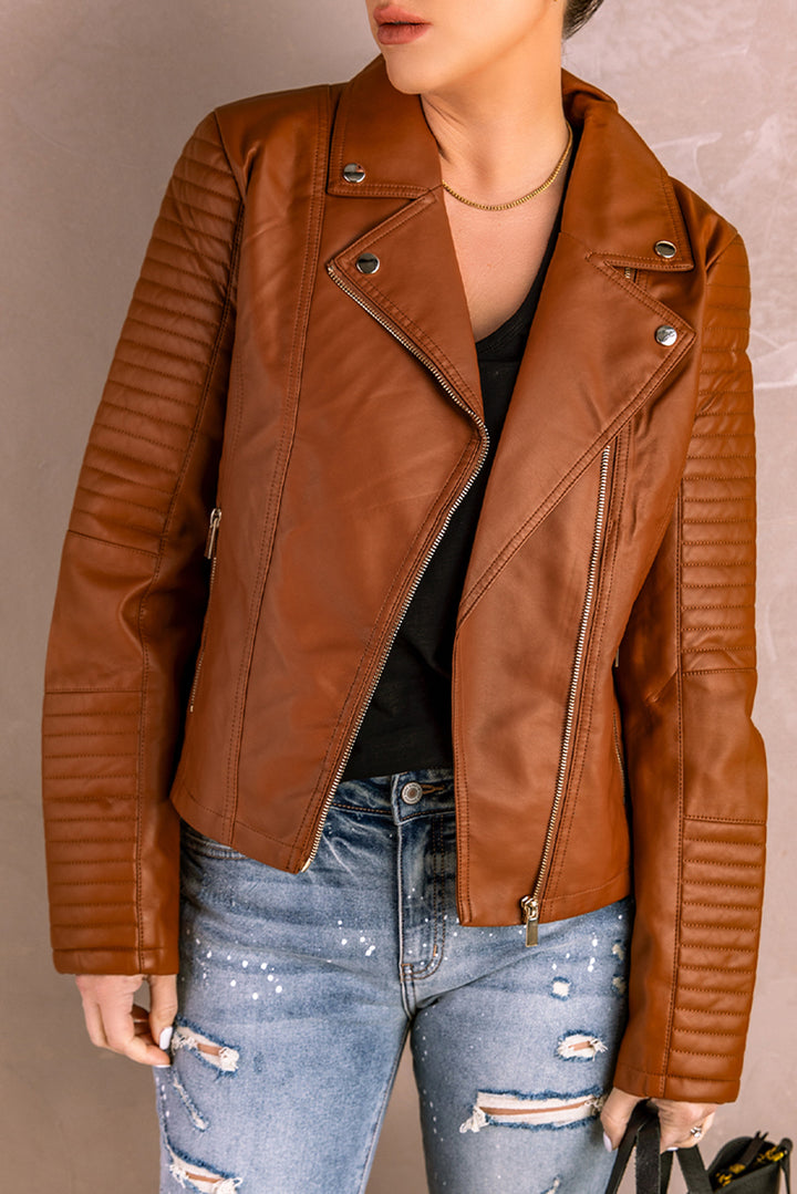 Brown Ribbed Seam Detail Faux Leather Zipped Motorcycle Jacket