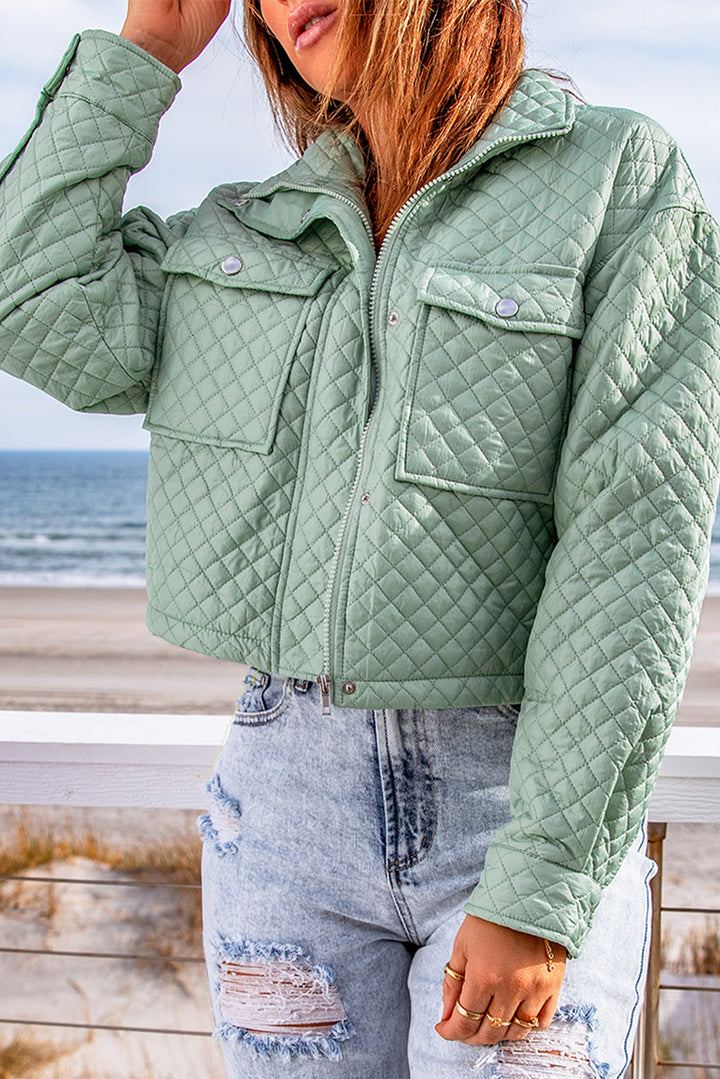 Winter Green Quilted Pocketed Zip-up Cropped Jacket