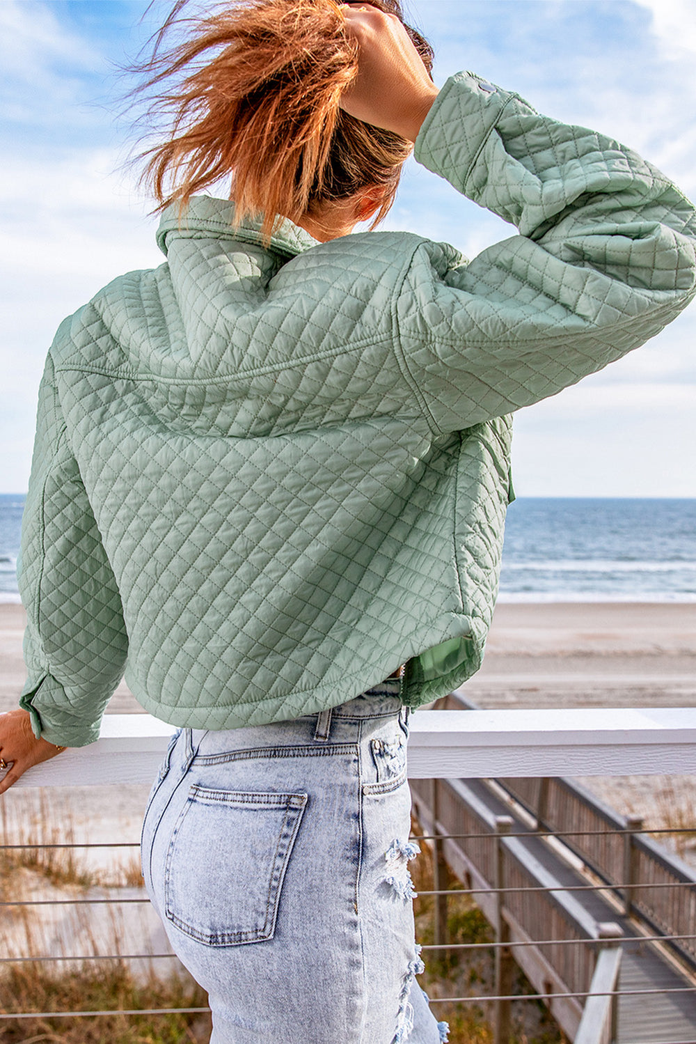 Winter Green Quilted Pocketed Zip-up Cropped Jacket