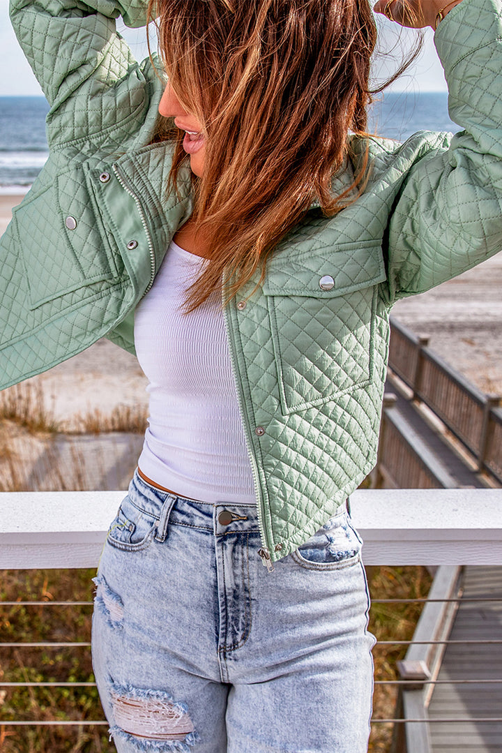Winter Green Quilted Pocketed Zip-up Cropped Jacket