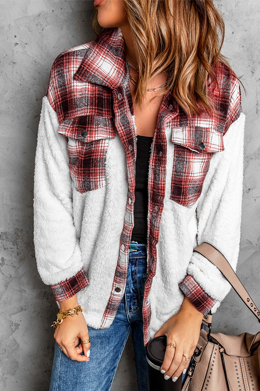 White Red Plaid Patchwork Buttoned Pocket Sherpa Jacket