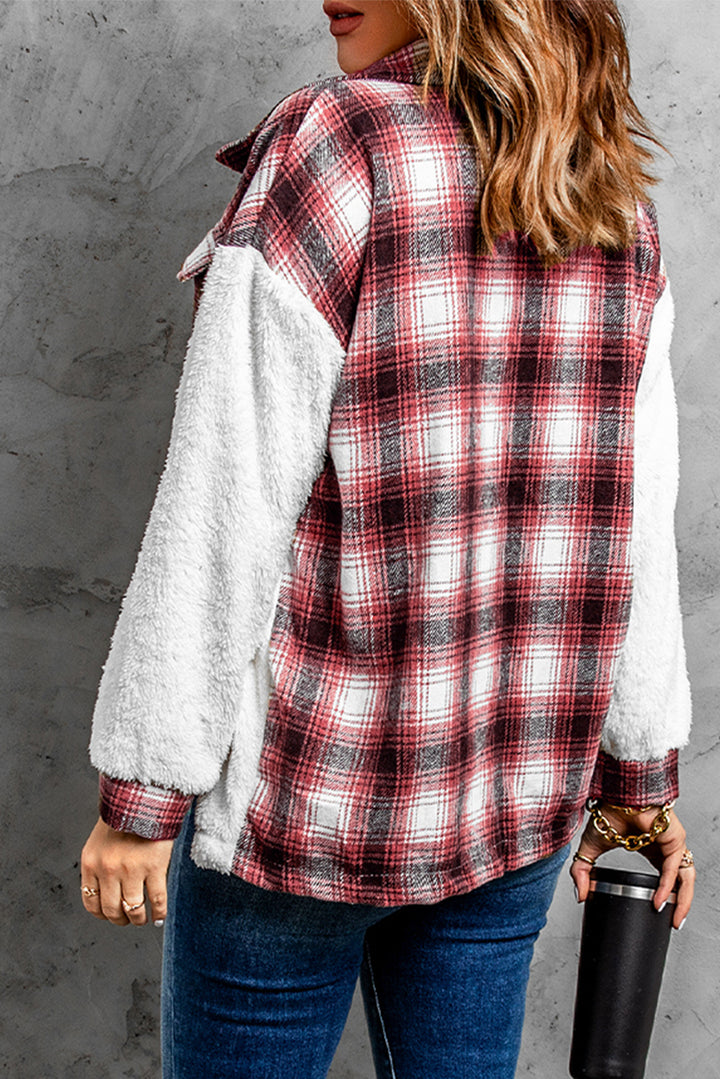 White Red Plaid Patchwork Buttoned Pocket Sherpa Jacket