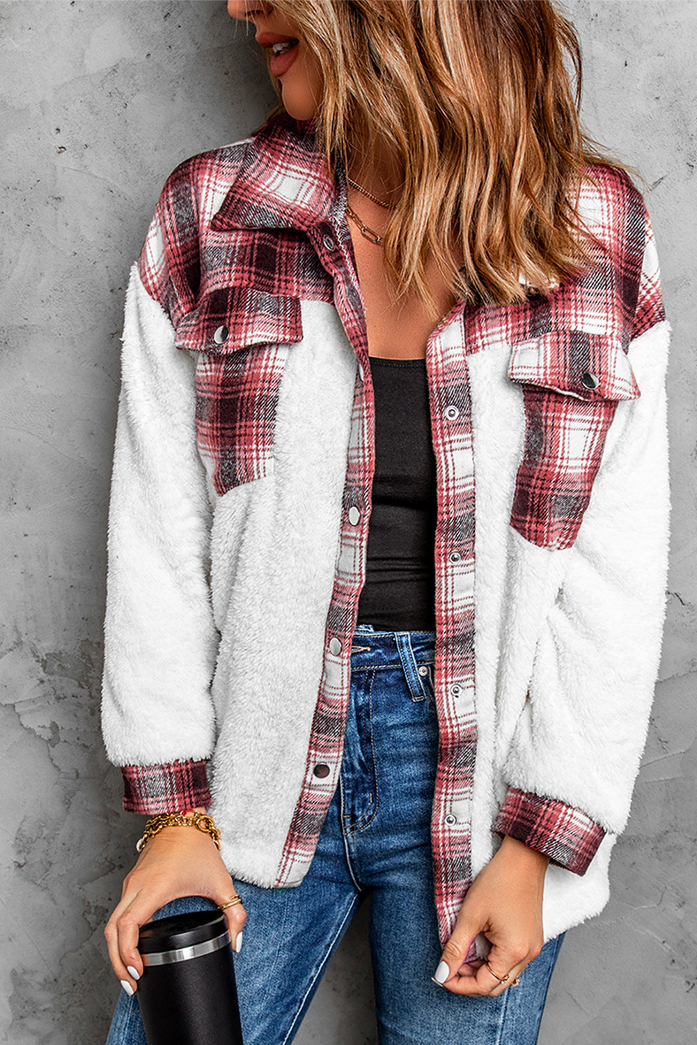 White Red Plaid Patchwork Buttoned Pocket Sherpa Jacket