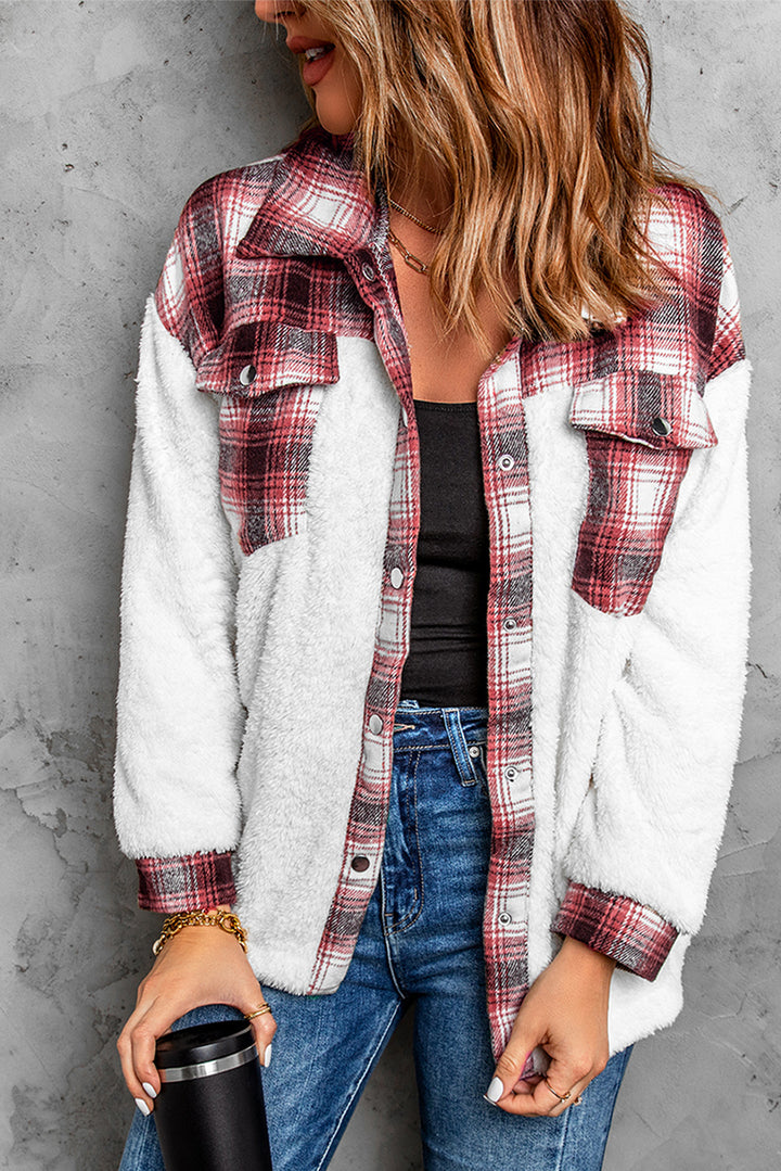 White Red Plaid Patchwork Buttoned Pocket Sherpa Jacket