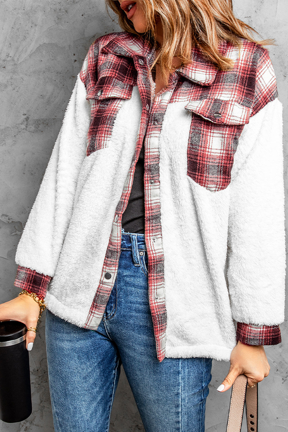 White Red Plaid Patchwork Buttoned Pocket Sherpa Jacket