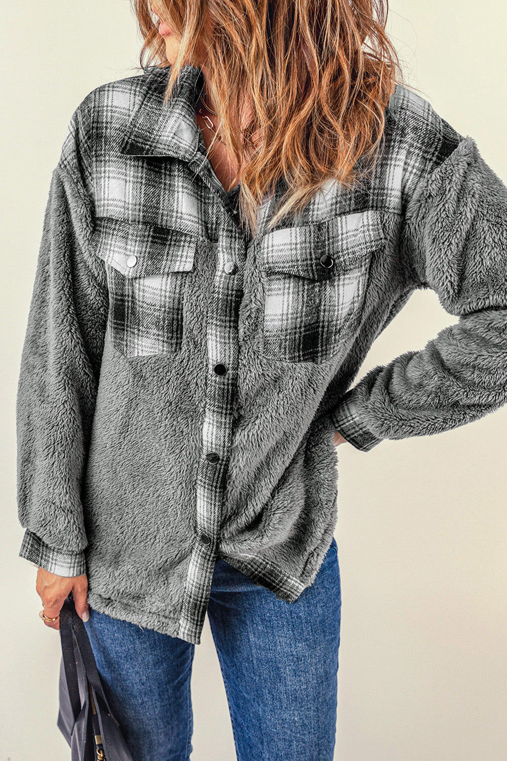 Casual Gray Plaid Patchwork Buttoned Pocket Sherpa Jacket