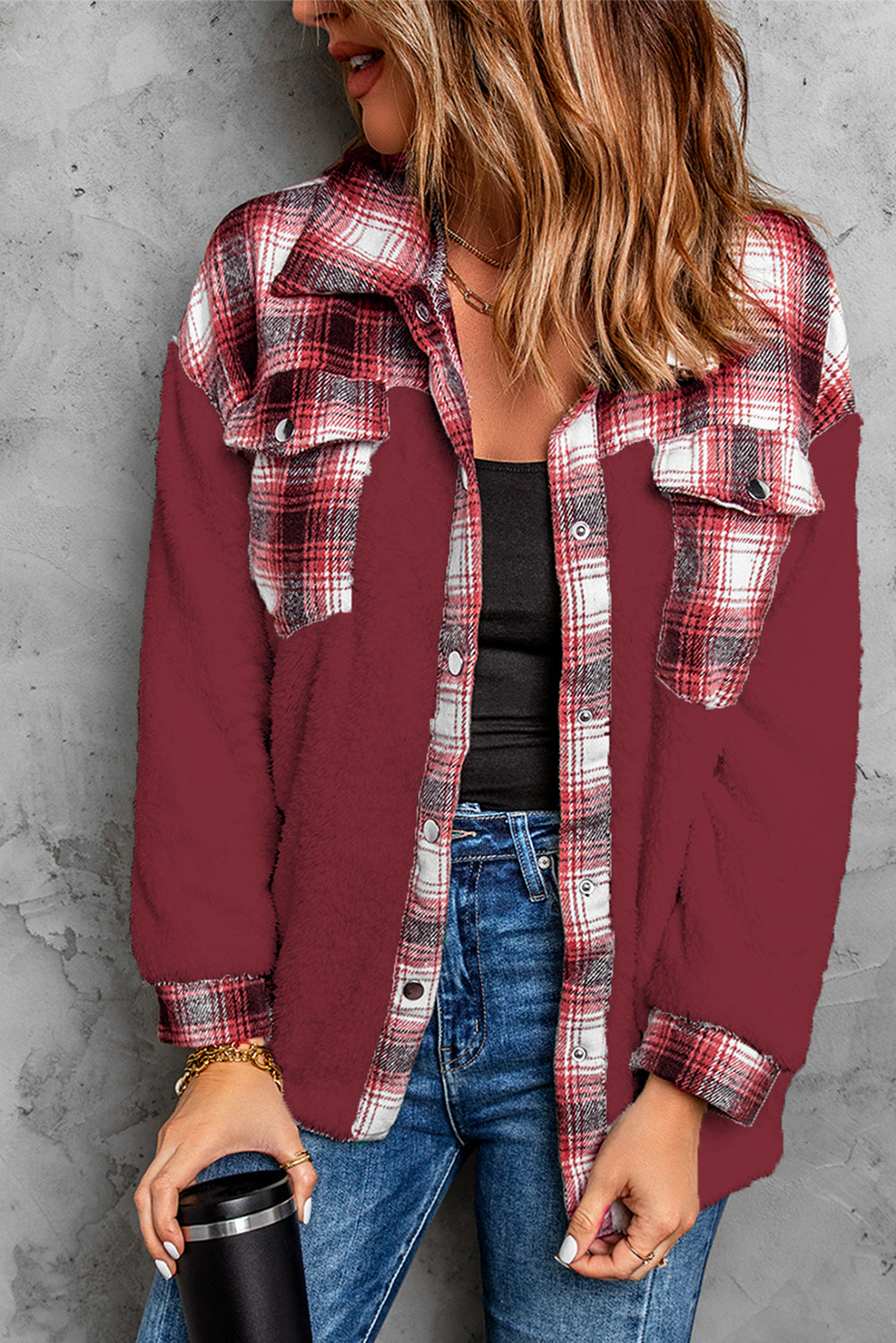 Womens Red Plaid Patchwork Buttoned Pocket Sherpa Jacket
