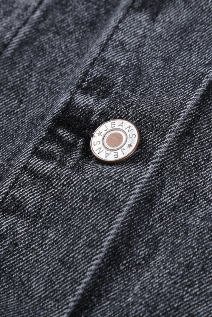 Women's Fashion Gray Turn Down Collar Buttons Cut-out Denim Jacket