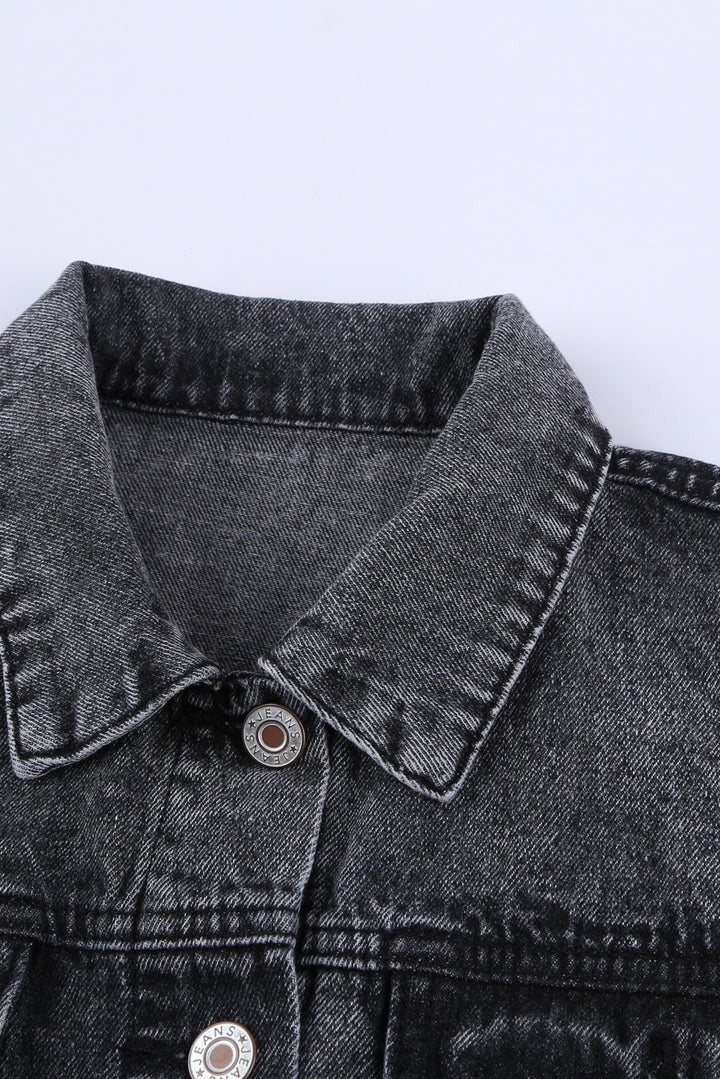 Women's Fashion Gray Turn Down Collar Buttons Cut-out Denim Jacket