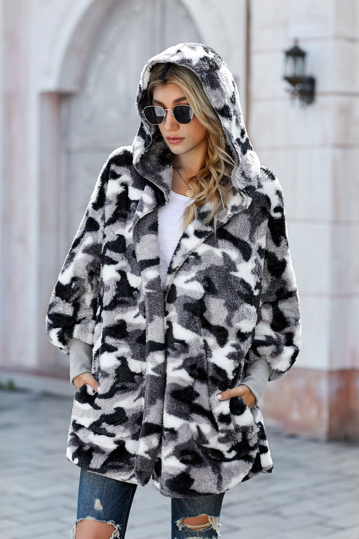 Winter Gray Camo Print Soft Fleece Hooded Open Front Coat