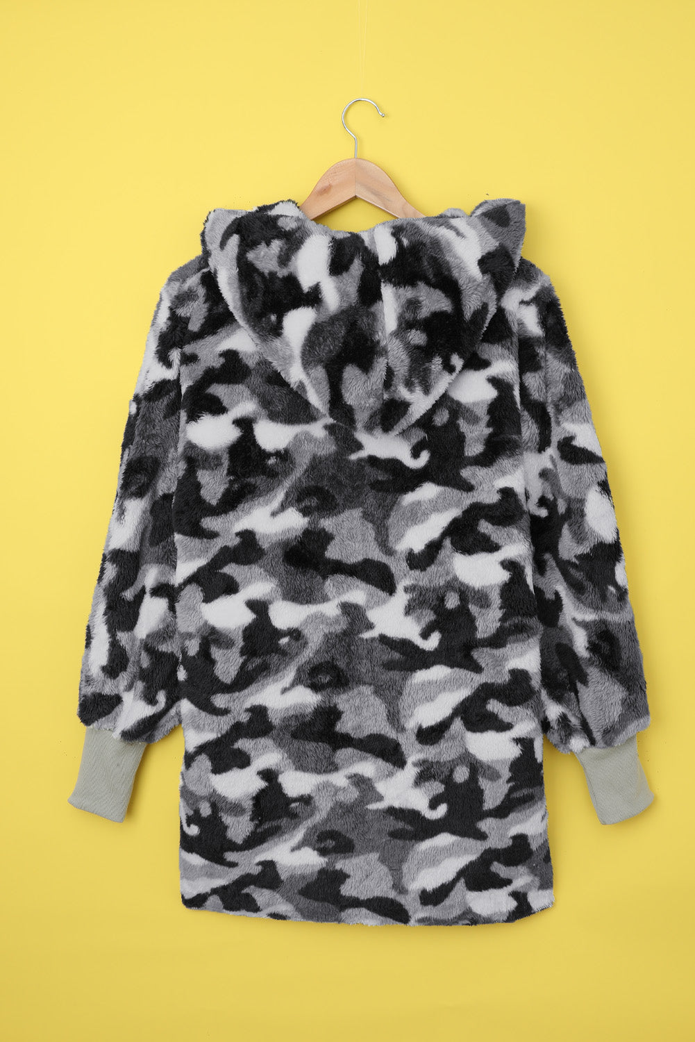 Winter Gray Camo Print Soft Fleece Hooded Open Front Coat