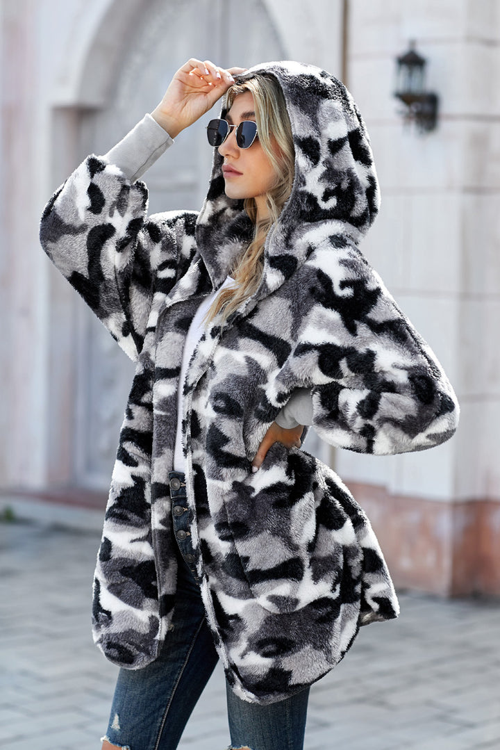 Winter Gray Camo Print Soft Fleece Hooded Open Front Coat