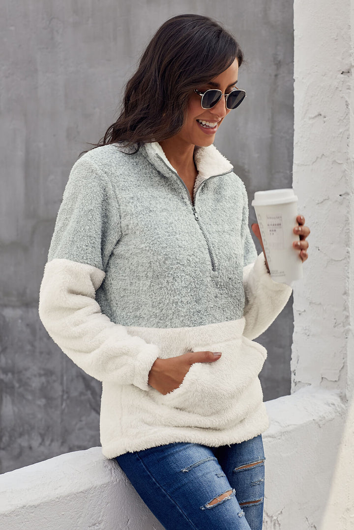 Grey White Zip Neck Oversize Fluffy Fleece Pullover