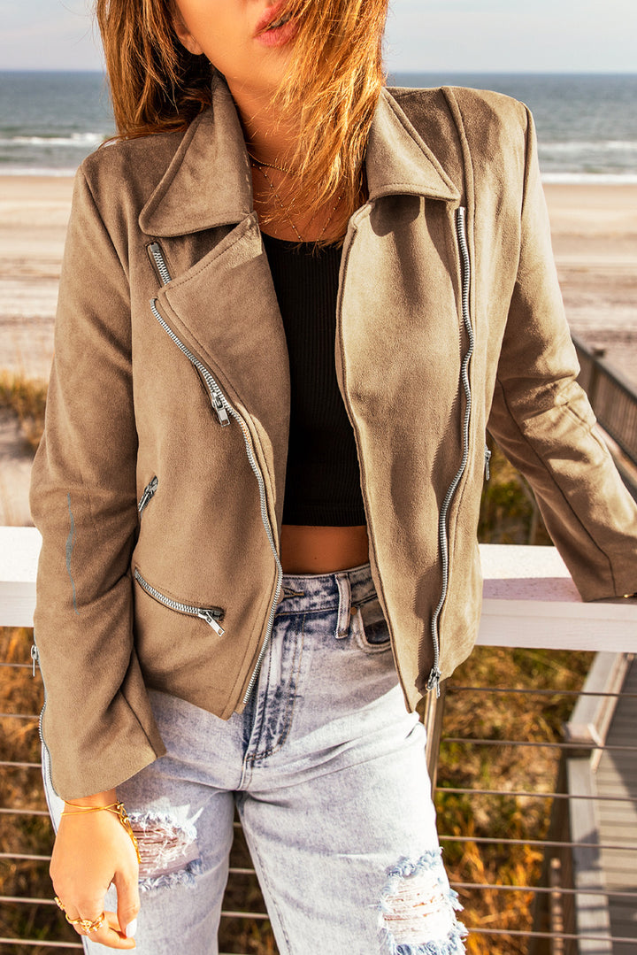 Casual Khaki Zipped Notch Collar Short Jacket