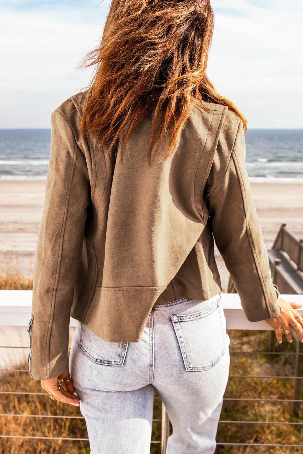 Casual Khaki Zipped Notch Collar Short Jacket