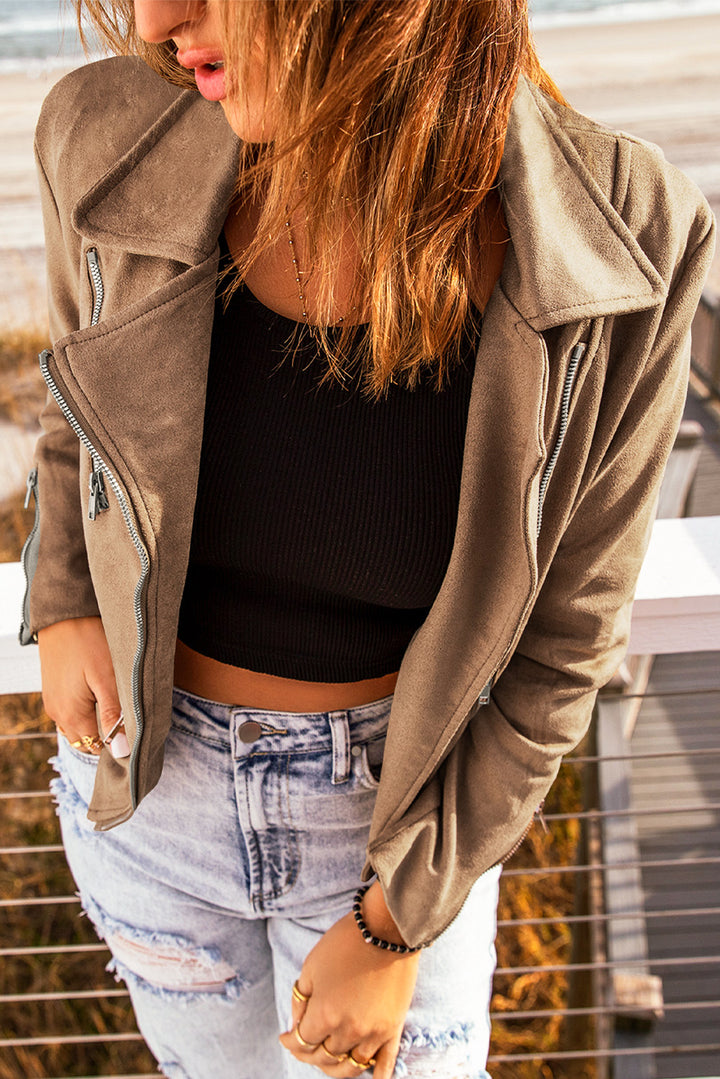Casual Khaki Zipped Notch Collar Short Jacket