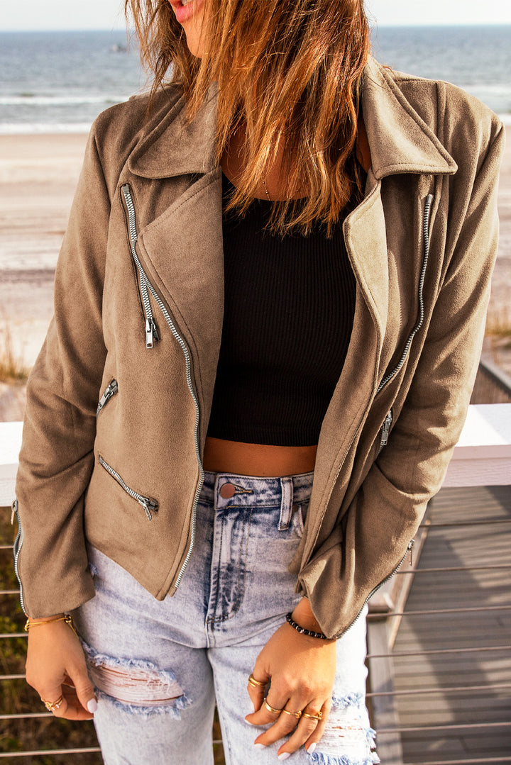 Casual Khaki Zipped Notch Collar Short Jacket