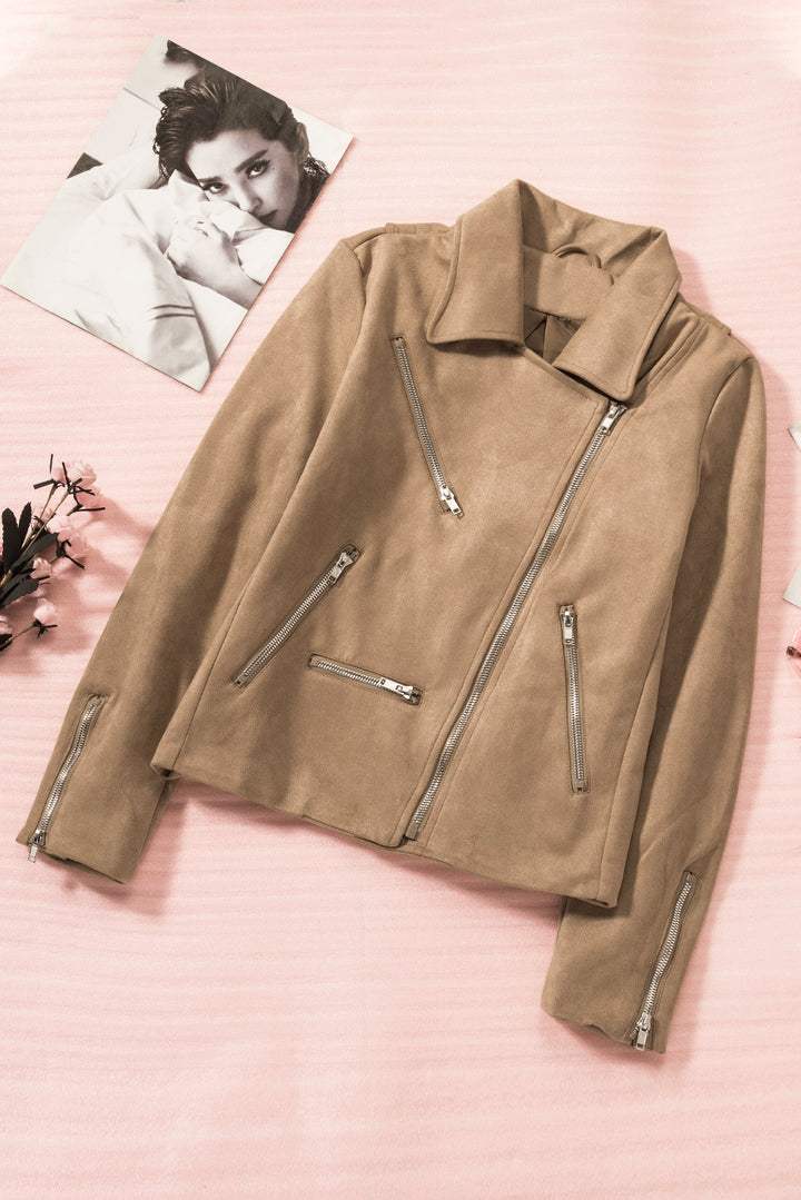 Khaki Zipped Notch Collar Short Jacket