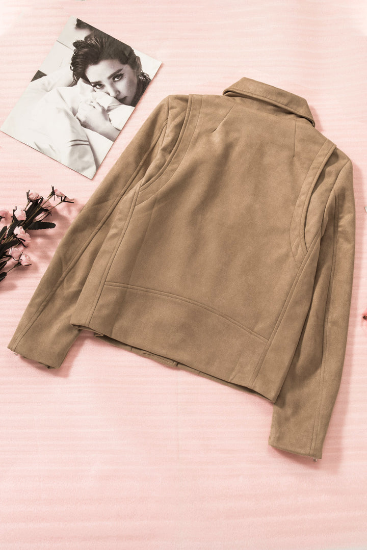 Khaki Zipped Notch Collar Short Jacket