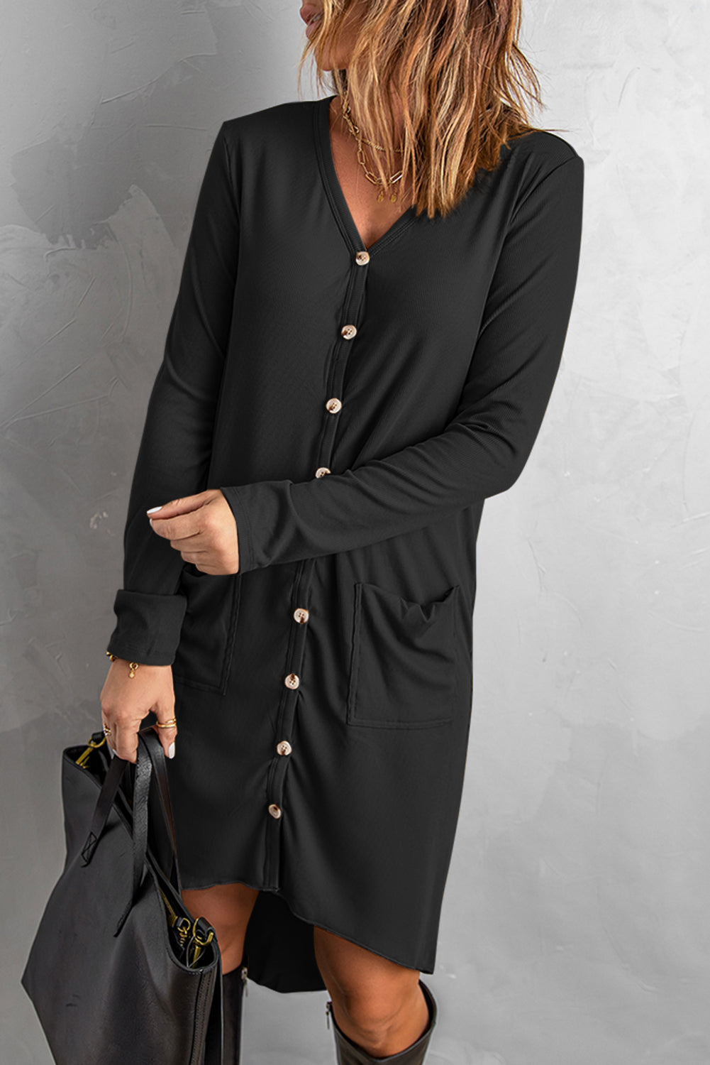 Women's Black Selected Button Down Pocketed Knit High Low Long Cardigan